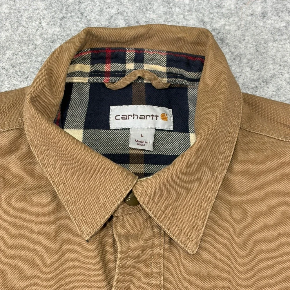 Carhartt Mens Brown Duck Flannel Lined Shirt Jacket Snap Front 100590 Size L
